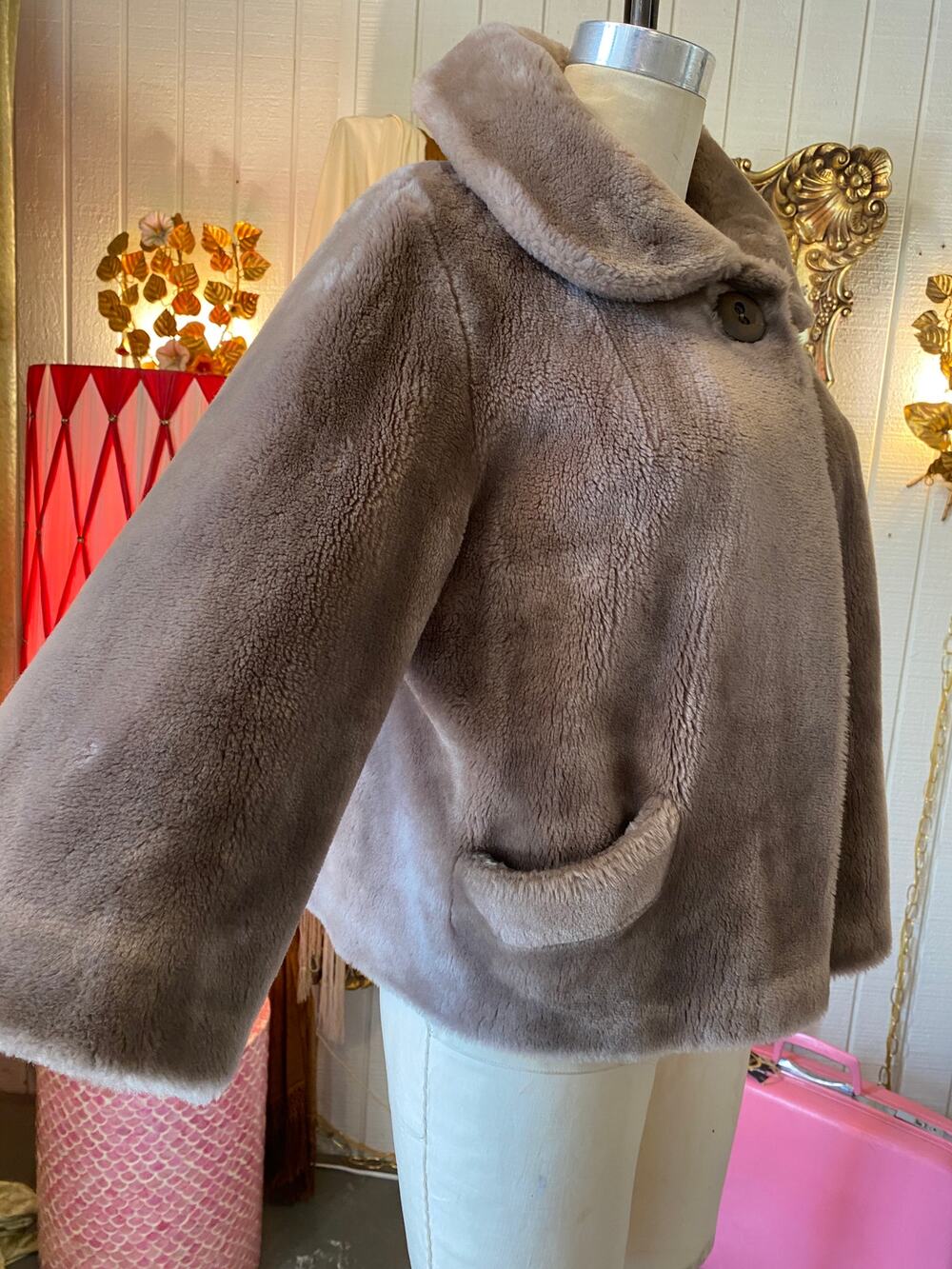 1960s taupe faux fur cropped coat, 60s mutton jacket, popular, rockabilly, mcm